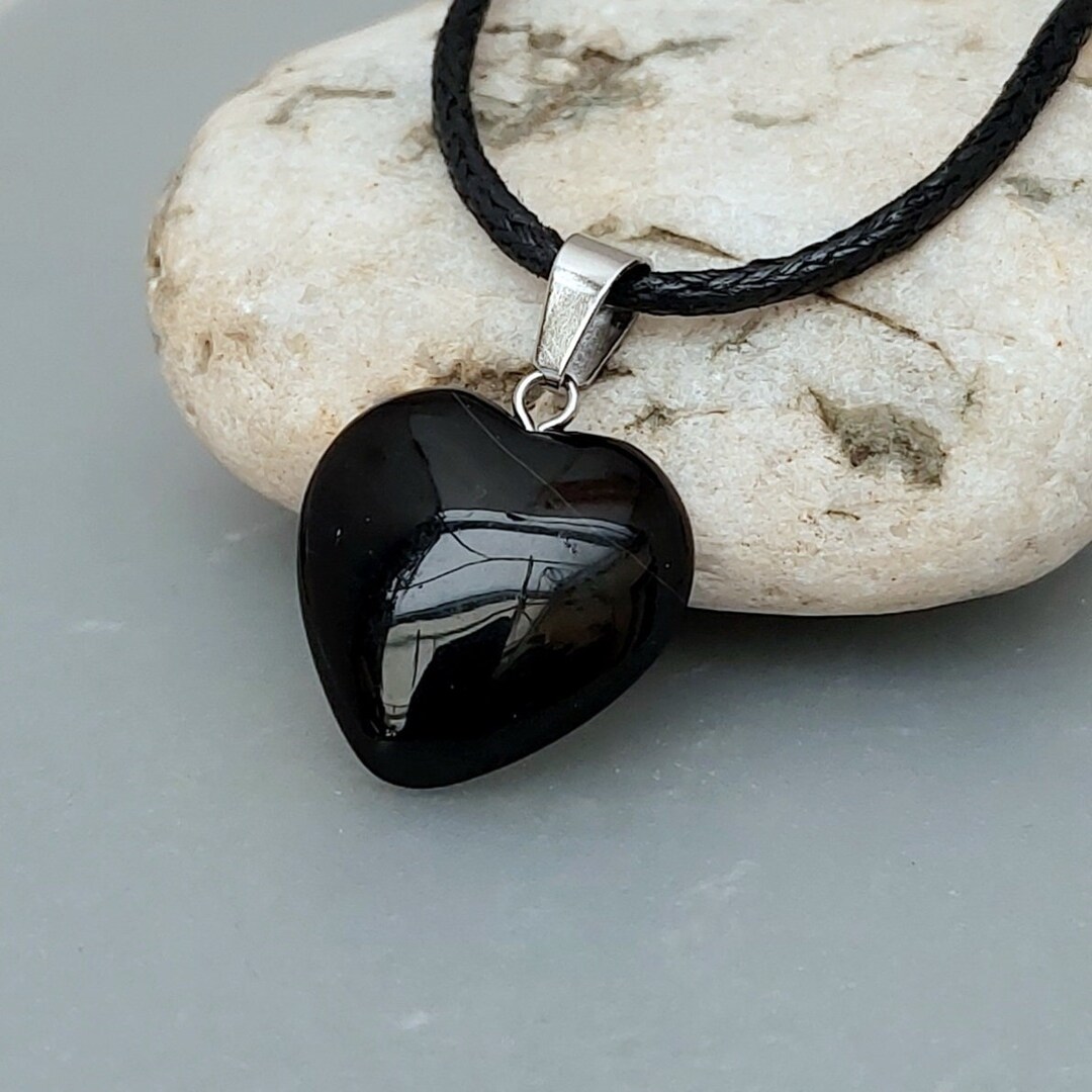 Black Stone Heart Pendant Agate Black Heart Necklace Black Etsy
