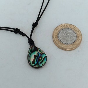 May include: A teardrop-shaped abalone shell pendant on a black cord necklace. The pendant has iridescent green, blue, and black colors. The necklace is shown next to a British one pound coin for size reference.
