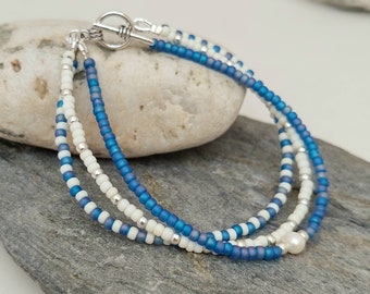 Cornish Blue Bead Bracelet - Blue Seed Bead Freshwater Pearl Bracelet Jewellery - Made in Cornwall - Cornish Jewellery
