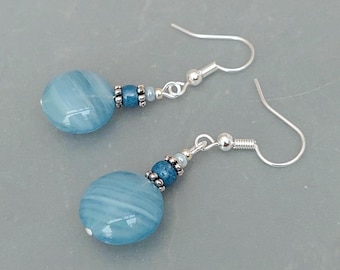 Sea Blue Glass Earrings - Czech Glass Blue Ocean Earrings - Blue Marl Cushion Coin Earrings Jewellery - Made in Cornwall - Cornish Jewellery
