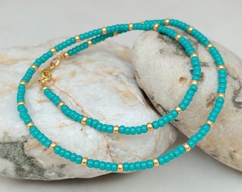 Turquoise Seed Bead Necklace - Handmade Turquoise Gold Silver Seed Bead Necklace Jewellery - Made in Cornwall - Cornish Jewellery