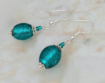 Teal Glass Oval Earrings - Teal Lampwork Glass Earrings Jewellery - Made in Cornwall - Cornish Jewellery