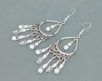 White Boho Chandelier Earrings - Handmade White Chandelier Earrings - White Earrings Jewellery - Made in Cornwall - Cornish Jewellery