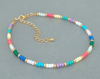 Multicolour Seed Bead Anklet - Handmade Colourful Gold Silver Seed Bead Jewellery - Made in Cornwall - Cornish Jewellery