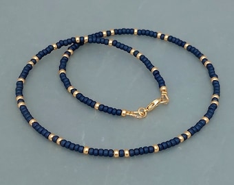 Dark Blue Bead Necklace - Handmade Dark Blue Gold / Silver Seed Bead Necklace Jewellery - Made in Cornwall - Cornish Jewellery