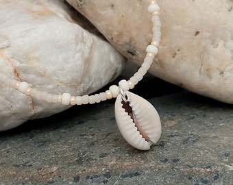 Cowrie Shell Ivory Seed Bead Beach Necklace - Cornish Coastal Jewellery - Handmade in Cornwall
