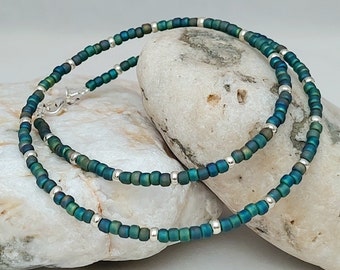 Emerald Green Seed Bead Necklace - Emerald Green Bead Necklace Jewellery - Surf Beach Necklace - Made in Cornwall - Cornish Jewellery