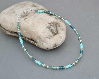 Sea Green Seed Bead Beach Anklet in Silver or Gold - Handmade Cornish Jewellery