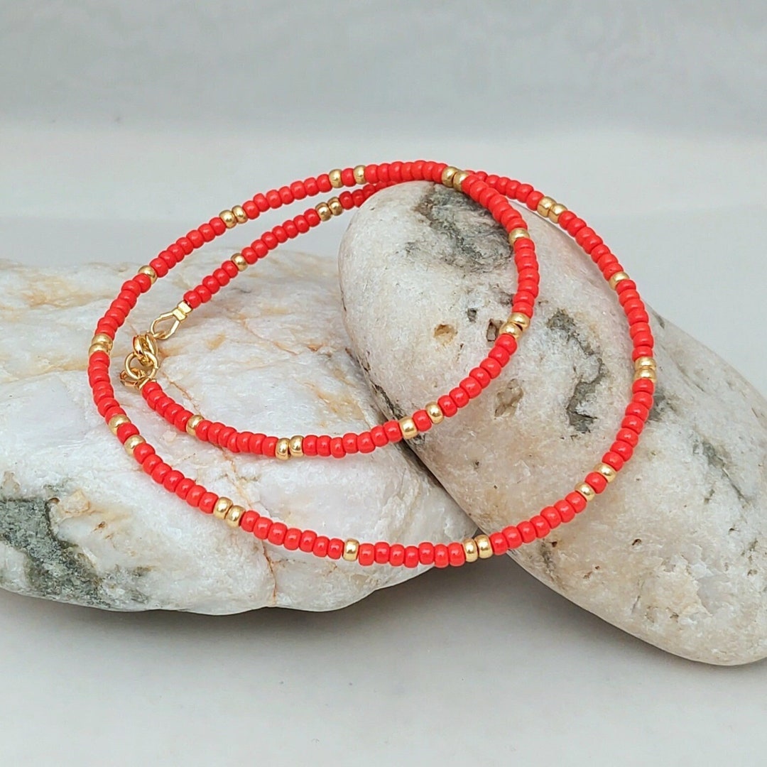 Vibrant Red Bead Necklace Handmade Vermillion Red Seed Bead Etsy UK