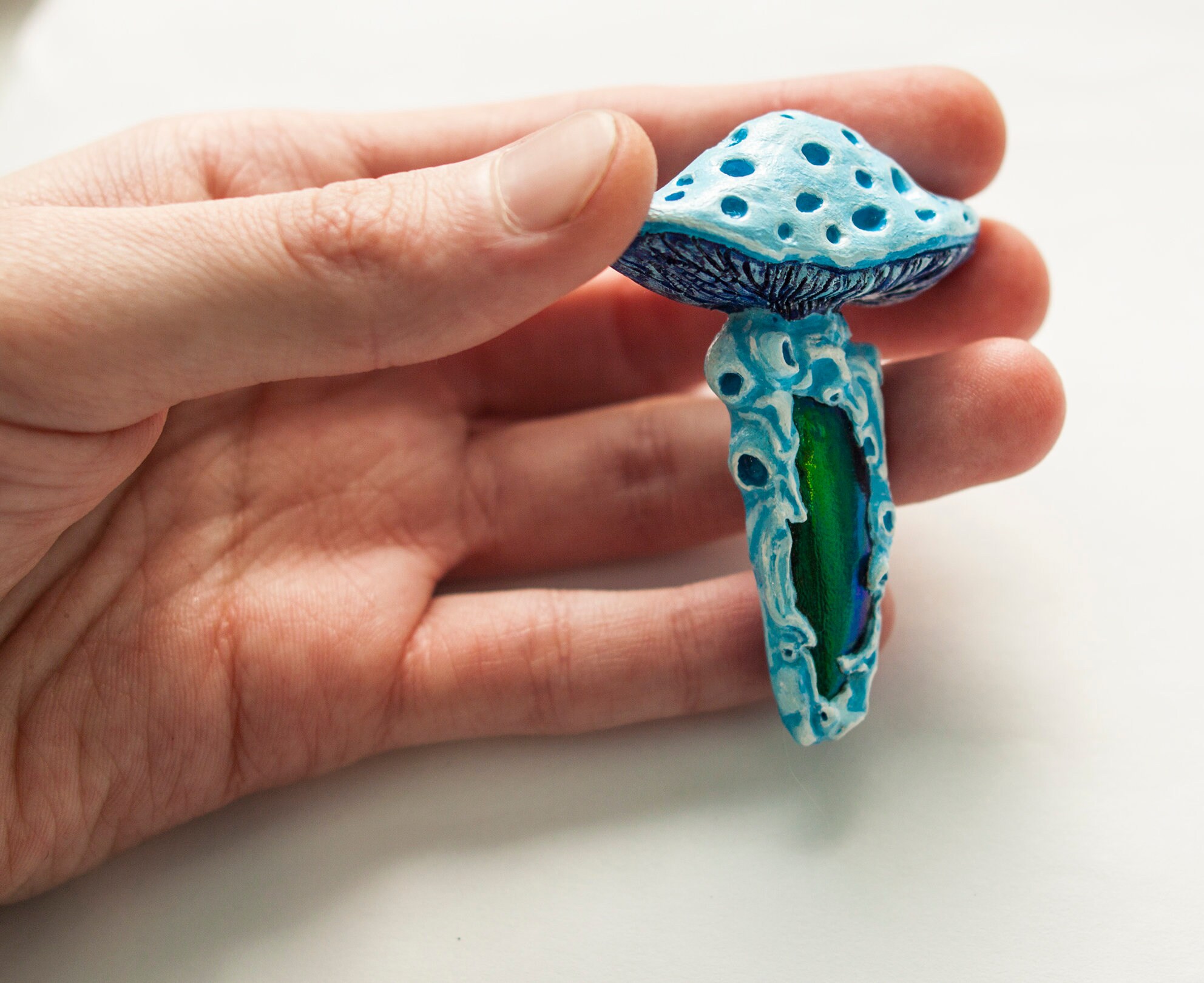 Magical piece of forest handsculpted brooch polymer clay with mushrooms