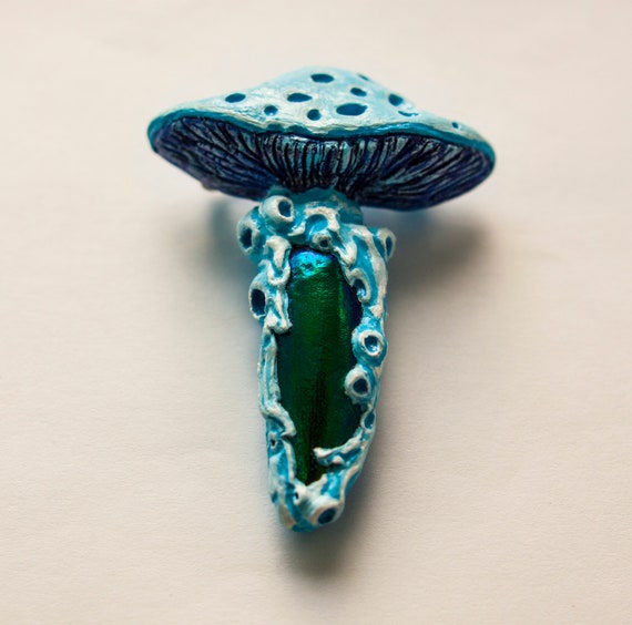 Magical piece of forest handsculpted brooch polymer clay with mushrooms