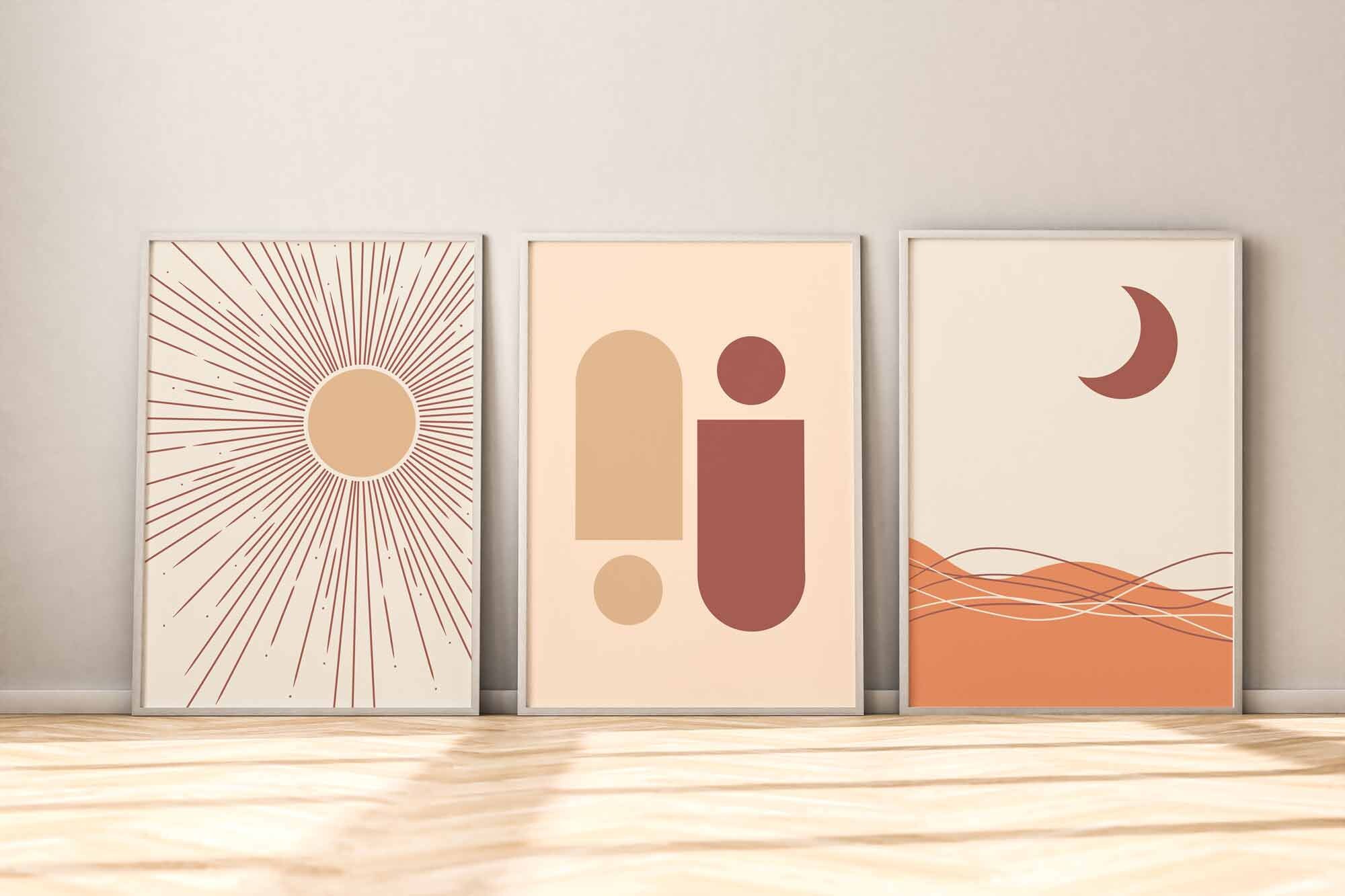 Printable Wall Art, Boho Sun Moon and People, Boho Gallery Wall Set, Cozy Home Art Print, Beige Print, Boho Wall Art