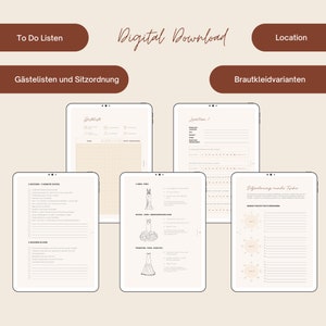 May include: Four digital printable pages for wedding planning. The pages include a guest list, seating chart, location details, and a section for dress styles.