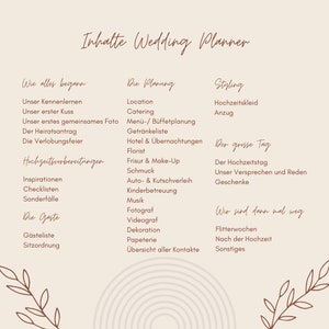 May include: A pink and white wedding planner checklist with the title "Inhalte Wedding Planner" in brown cursive text. The checklist includes categories such as "Wie alles begann", "Die Planung", "Styling", "Der grosse Tag", and "Wir sind dann mal weg".