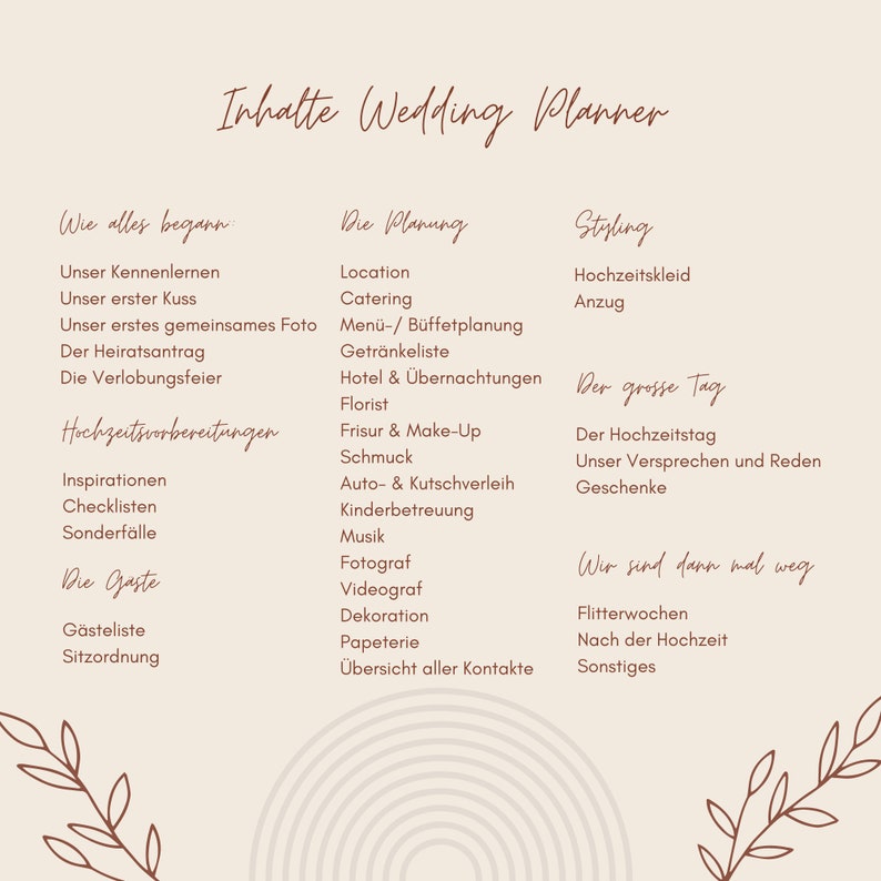 May include: A pink and white wedding planner checklist with the title "Inhalte Wedding Planner" in brown cursive text. The checklist includes categories such as "Wie alles begann", "Die Planung", "Styling", "Der grosse Tag", and "Wir sind dann mal weg".