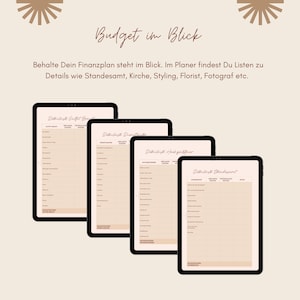 May include: A set of five printable budget planner pages with the title "Budget im Blick" and the text "Behalte Dein Finanzplan steht im Blick. Im Planer findest Du Listen zu Details wie Standesamt, Kirche, Styling, Florist, Fotograf etc."  The pages are titled "Dethilliste Outfit Braut", "Dethilliste Dienstleister", "Dethilliste Haargriffeur", and "Dethilliste Standesamt".