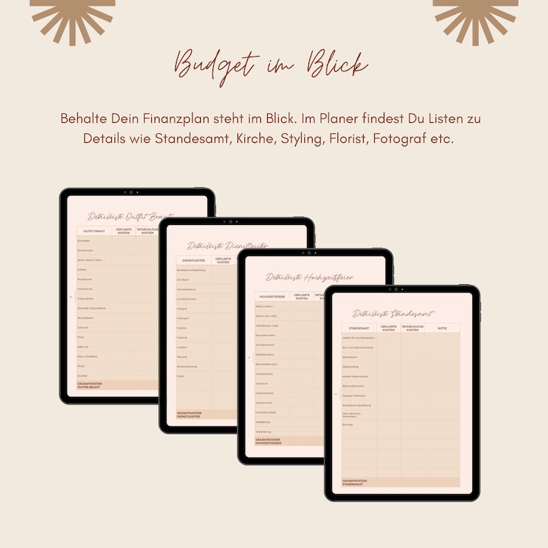 May include: A set of five printable budget planner pages with the title "Budget im Blick" and the text "Behalte Dein Finanzplan steht im Blick. Im Planer findest Du Listen zu Details wie Standesamt, Kirche, Styling, Florist, Fotograf etc."  The pages are titled "Dethilliste Outfit Braut", "Dethilliste Dienstleister", "Dethilliste Haargriffeur", and "Dethilliste Standesamt".