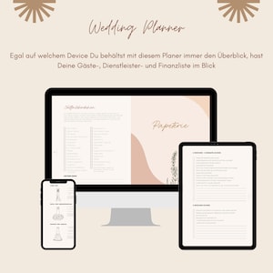May include: A digital wedding planner with checklists for tasks like "Notfallkorkchen" and "Papeterie". The planner is displayed on a computer screen, tablet, and smartphone.