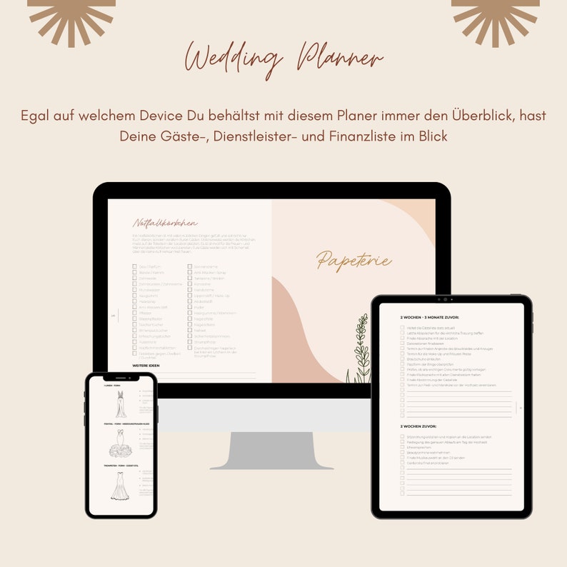 May include: A digital wedding planner with checklists for tasks like "Notfallkorkchen" and "Papeterie". The planner is displayed on a computer screen, tablet, and smartphone.