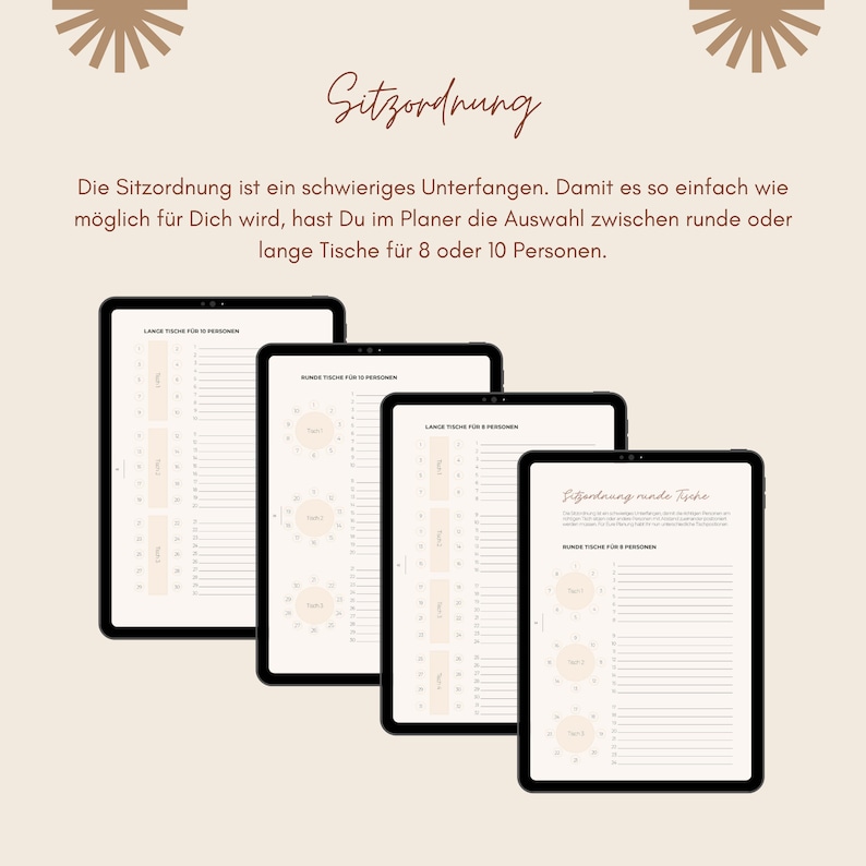 May include: Four printable seating charts for planning a party or event. The charts are for round tables for 8 and 10 people and long tables for 8 and 10 people. The charts are in a light beige color with black lines and text.