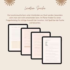 May include: Four pages of a planner with a light brown background and black text. The pages are titled "How to Party for Bilder and Videos" and "Location 3". The pages contain a list of questions to help you choose a location for an event.