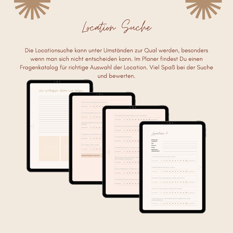 May include: Four pages of a planner with a light brown background and black text. The pages are titled "How to Party for Bilder and Videos" and "Location 3". The pages contain a list of questions to help you choose a location for an event.
