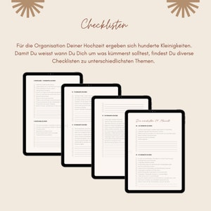 May include: A set of printable checklists for wedding planning. The checklists are organized by time frame, with headings like "1 Week Before", "1 Month Before", "6-8 Months Before", and "The Next 24 Months".
