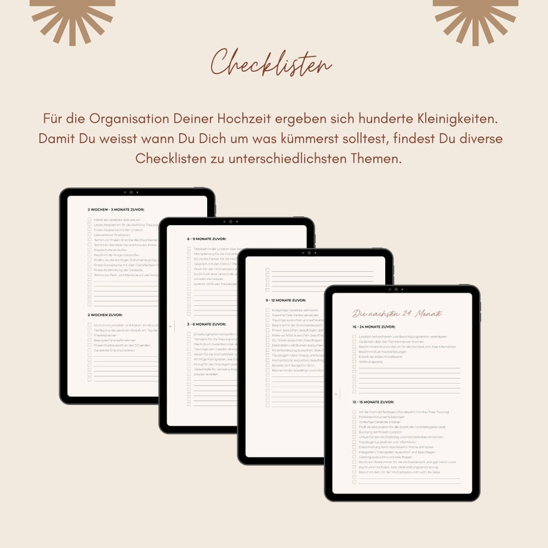 May include: A set of printable checklists for wedding planning. The checklists are organized by time frame, with headings like "1 Week Before", "1 Month Before", "6-8 Months Before", and "The Next 24 Months".