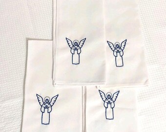 Vtg Angel Embroidered Hand Towels Napkins White Blue Set of 4 Christmas