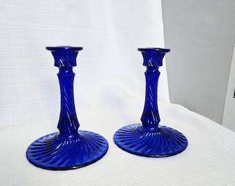 Fenton Cobalt Blue Pedestal Candlestick Holders Glass Wide Base Elegant Dinner
