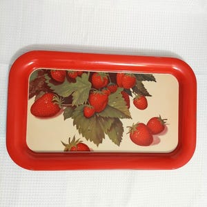 Vintage Strawberry Metal Tray Red Boarder Centerpiece Country Farmhouse 14x8.75 in