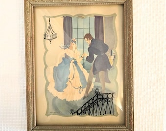 Vtg Convex Glass Ballroom Dance Framed Print Victorian Couple Bubble Princess