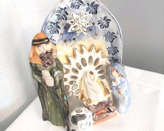 Blue Sky Christmas Nativity Tea Light Candle Holder 8" Holy Family Clayworks