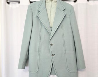 Marynarka Johnny Miller z lat 70. XX wieku, rozmiar 46L, poliester, miętowa, dwuguzikowa, z nadrukiem