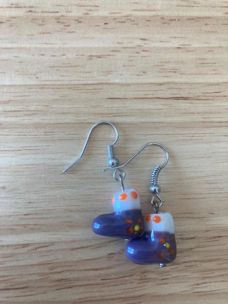 Purple and White Glass Christmas Stocking Earrings Festive Holiday Jewelry Fun Bright Stocking Stuffers
