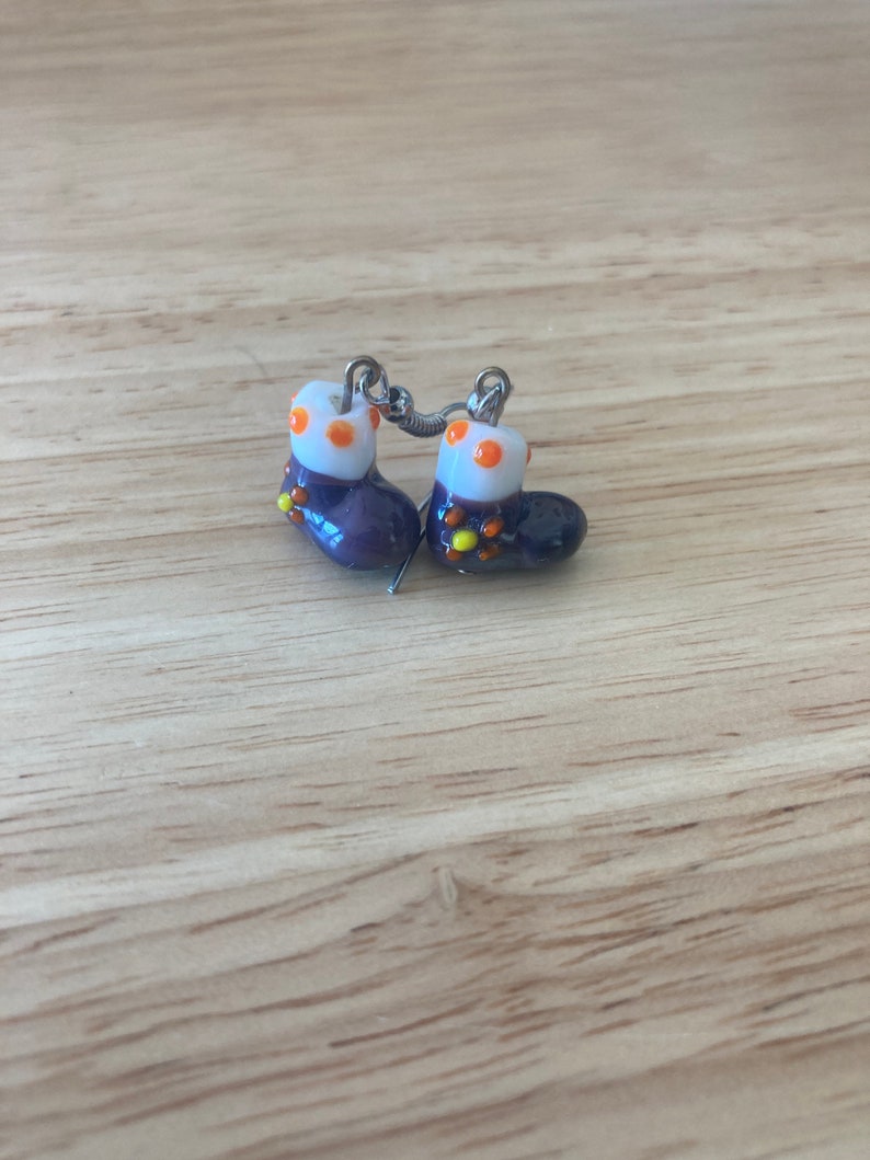 Purple and White Glass Christmas Stocking Earrings Festive Holiday Jewelry Fun Bright Stocking Stuffers