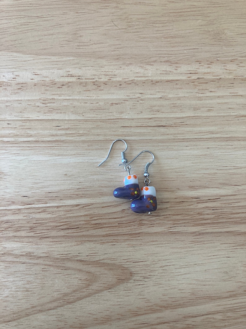 Purple and White Glass Christmas Stocking Earrings Festive Holiday Jewelry Fun Bright Stocking Stuffers