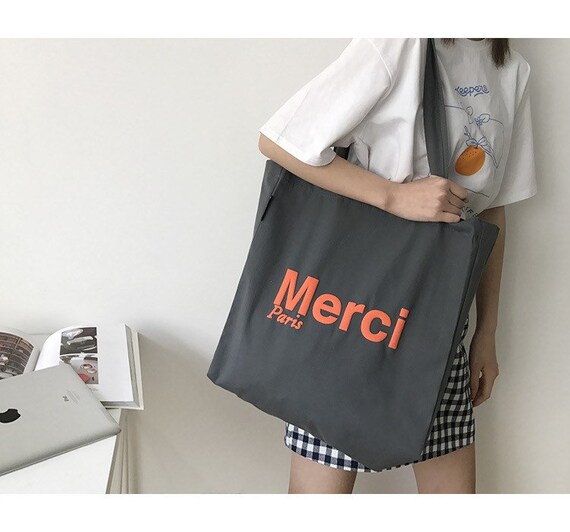 Merci Women Big Canvas Shoulder Bags French Print Eco Friendly Grocery  Shopping Bag Cotton Cloth Handbag Casual Tote For Ladies