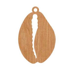 May include: A wooden pendant in the shape of a cowrie shell. The pendant is light brown with a visible wood grain texture. It features a vertical slit and a small hole at the top for hanging.