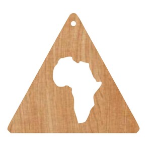 May include: A wooden triangle with a cutout of the African continent. The wood has a light brown color and a visible grain. A small hole is drilled at the top of the triangle. The cutout is white.