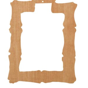 May include: A light brown wooden frame with a unique, irregular edge design. The frame has a rectangular opening and a small hole at the top for hanging. The wood grain is visible, adding texture to the piece.