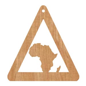 May include: A wooden pendant featuring a triangular frame with a cutout of the African continent. The pendant has a hole at the top for hanging. The wood grain is visible, giving it a natural look.