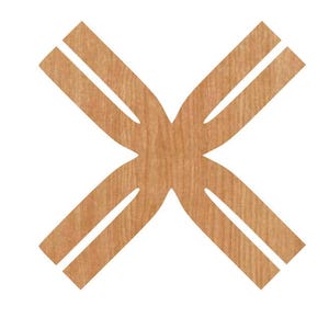 May include: A wooden decorative element in the shape of an X. The design features a light brown wood grain pattern with two parallel white lines running through each of the four arms of the X.