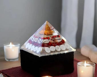 Orgonite Crystal Pyramid, Laxmi Pyramid with Rudraksha, Gomti Chakra, Sri Yantra