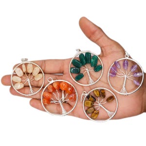 Tree Of Life Gemstone Pendants,Handmade Crystal Tree Jewelry,Healing Energy Gemstone Pendants,Wire Wrapped Pendants