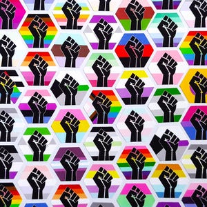 25mm/1in Hexagon Stickers - Small LGBTQ+ Handmade Raised Fist Activist Pride Flag Vinyl Stickers