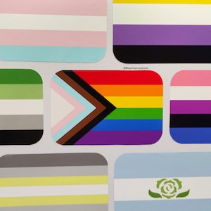 May include: A collection of pride flags, including the transgender flag, the genderqueer flag, the lesbian flag, the bisexual flag, the pansexual flag, the asexual flag, the non-binary flag, the intersex flag, and the progress pride flag.