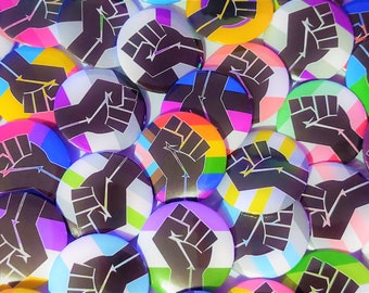 1.25in Button Badge - LGBTQ+ Handmade Holographic Pride Flag Raised Fist Pin