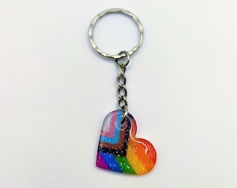 Llavero de corazón - Bandera del Orgullo LGBTQ+ hecha a mano con purpurina holográfica + llavero