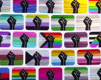 1x1.5in Brushed Metal Sticker - LGBTQ+ Holographic Handmade Raised Fist Pride Flag Vinyl Stickers